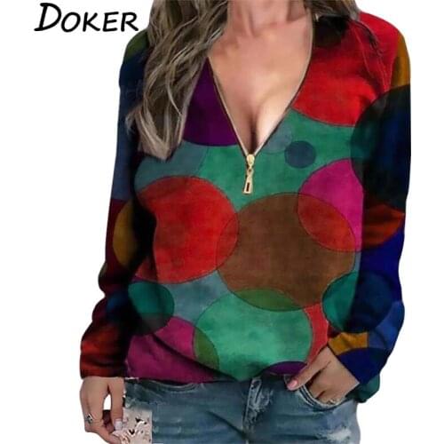 Printed Blouse Womens Clothes Fashion Zip V Neck Long Sleeve Plus Size Vintage Shirts Office Tops And Blouses Femme Ropa Mujer