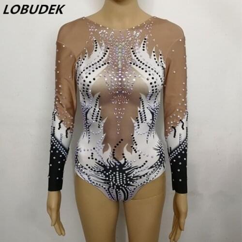 Colorful Rhinestones Long Sleeve Bodysuit Stretch Leotard Sexy Women Singer Modern Dance Stage Wear Artistic gymnastics Costumes