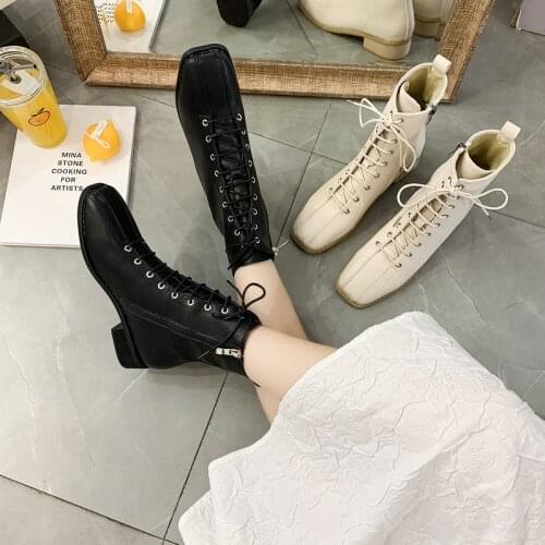 Vintage Shoes 40s 50s Retro French Fashion Women Zip Heeled Square Toe Martin Botas Victorian Style Boots