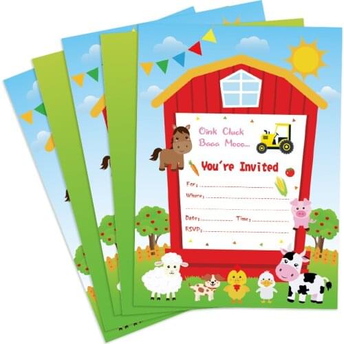 Farm Animals Theme Birthday Party Invitations Cards Decorations Carton Cow Duck Sheep Dog Paper Invitations Kids Party Favors