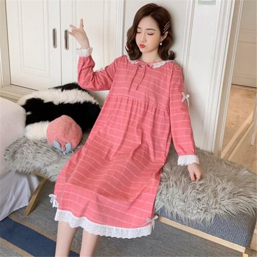 Home service Korean version of the lace princess nightdress female long-sleeved sexy cotton pregnant women skirt sexy nightware