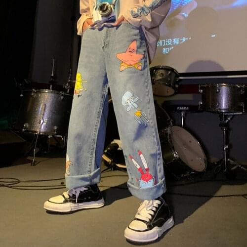 Men and Women Harajuku Cartoon Printed Jeans Korean Style Hip-hop Nine-point Loose Casual Fashion denim Harem Pants Streetwear