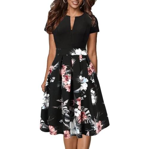 European Style Women Vintage Zippers Empire Solid Print Patchwork Elegant Dress Summer Sexy V-neck Slim Office Lady Party Dress