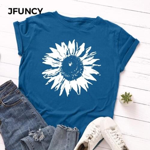 JFUNCY Plus Size S-5XL Women T-shirts Female Short Sleeve Tee Tops Flower Printed Woman Casual Tshirt 2020 Summer Cotton T Shirt