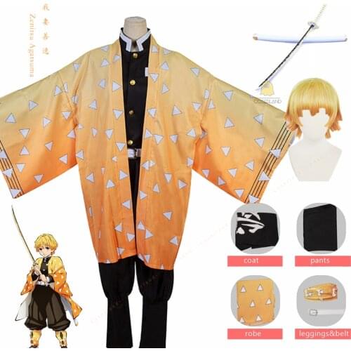 Zenitsu Agatsuma Cosplay Costume Demon Slayer Katana Kimetsu no Yaiba Ninja Outfit Japan Anime Men Kimono Yellow Wig Anime Prop