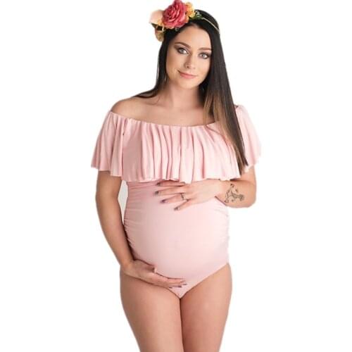 Summer Floral Printing Stretchy Maternity Photo Shoot Bodysuits Slash Neck Ruffles Pregnant Women Photography Jumpsuits