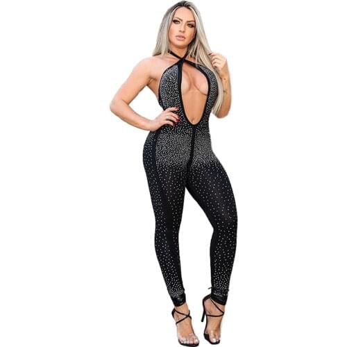 Summer Hot Rhinestones Womens Jumpsuit Sexy Club Party Halter Neck Open Back One Piece Overall Rompers Outfits