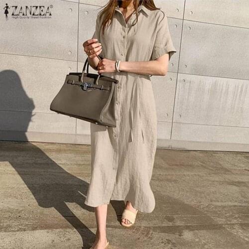 ZANZEA 2021 Summer Sundress Women Fashion Party Dress Stylish Solid Maxi Vestidos Cotton Linen Shirt Dress Vintage Sarafans Robe