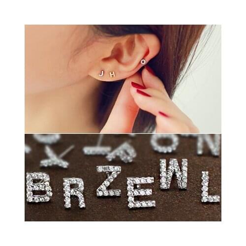 Minimalist Female Letter A-Z Stud Earrings Real 925 Sterling Silver Earrings For Women Dainty White Crystal Small Earrings