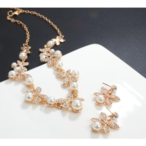 Fashion Pearl Jewelry Sets For Women Gold Silver Flower Chocker Statement Necklace Stud Earrings Bling Crystal Stone Set