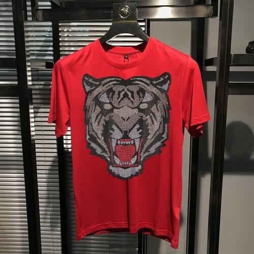 Hot Drilling Mens T-Shirt Pattern Loose Short Sleeve Street Fashion Top Factory Wholesale Tiger Head Casual