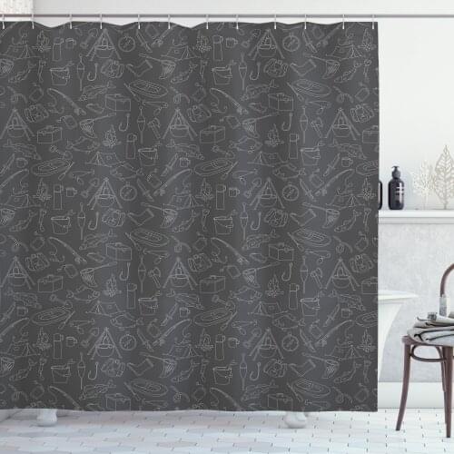 Fishing Theme Shower Curtain Set Monochrome Line Art Tools Print Curtain for Bathroom Decor 12 Hooks Decorative Bath Accessory