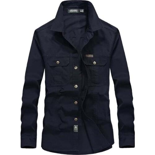 New Pure Cotton Men Shirt Military Style 2 Pockets Male Long Sleeve Casual Shirts Men Blouse Tops Brand Clothing Plus Size M-6XL