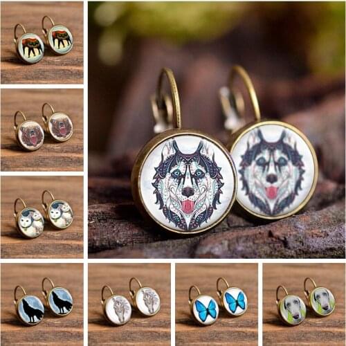 New Arrival Fashion Creative Earrings Sweet Lovely Animals Picture Glass Dome Stud Earrings Monkey Wolf Elephant Theme