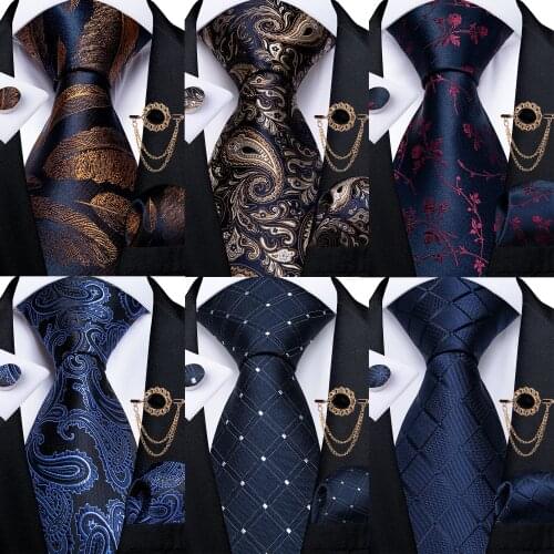 New Fashion Mens Ties Blue Paisley Floral Mens Business Wedding Neck Tie 8cm Width Silk Tie Brooch Set Gift For Men DiBanGu