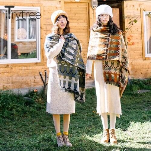 Trytree 2021 Autumn Winter Casual Women Scarf Faux Cashmere Tassel Holiday Knitted Shawl Fashion Geometry Ethnic Style Long Wrap