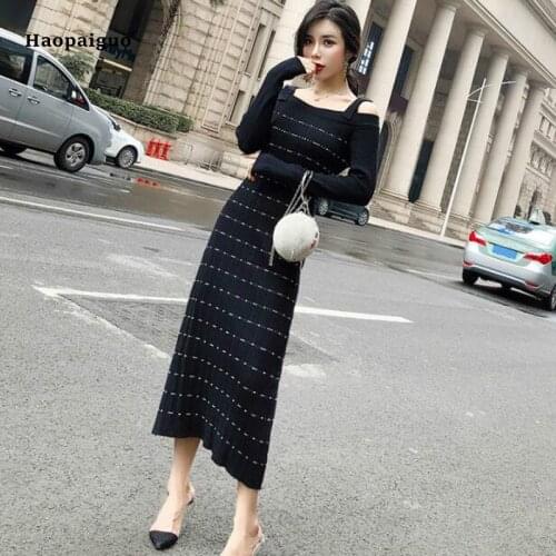 Autumn Straight Dress Women Black Striped Long Sleeve Spaghetti Strap Slash Neck Korean Wrap Club Dress Office Kawaii Dresses