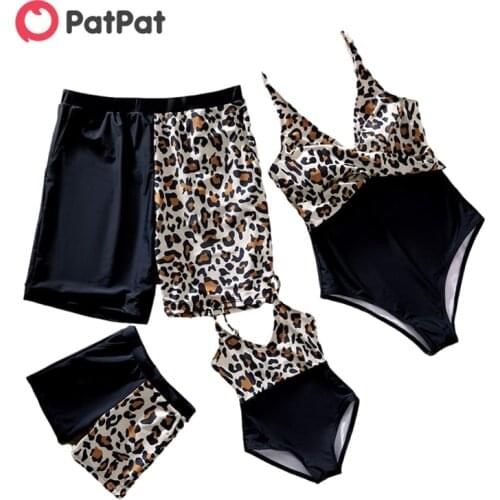 PatPat 2021 New Summer Leopard Panel Family Matching Spliced Swimsuits Family Look Childrens Clothing