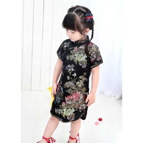 Peony Black Girl Fashion Dress New Year Gift Chinese Qipao For Young Girl 2-16Years Girl Vestidos Children Clothes Top Quality