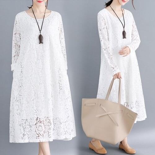 Large size dress womens loose thin mid-length 2019 spring summer new openwork lace stitching round neck long-sleeved dress m31