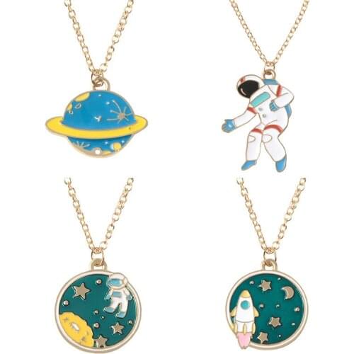 Space Travel Pendant Necklace Keychain Cartoon Astronaut Rocket Planet Chains Cute Universe Keyring Jewelry gift Kids