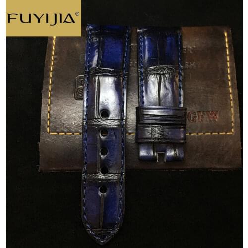 New FUYIJIA Blue Crocodile Watch Band 20MM 22MM 24MM Custom Genuine Alligator Watchbands men women strap Top Brand Leather Belt