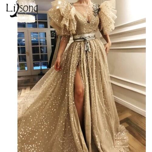 Chic Gold Prom Dresses 2019 Illusion Neck High Slit A Line Evening Dress Puffy Half Sleeve Shiny Tulle Arabic Formal Party Gown