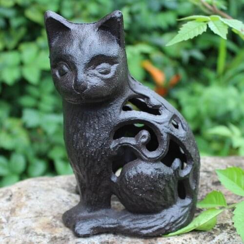 Antique Black Cast Iron Hollow Cat Figurines Home Garden Decor Handmade Cat Animal Statue Indoor Outdoor Metal Candle Lantern
