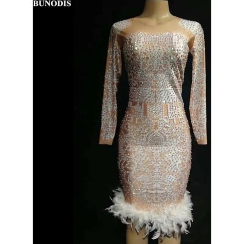 ZD405 Women Sexy Short White Feather Skirt Sparkling Crystals Nightclub Party Stage Wear Dancer Singer Bling Costumes