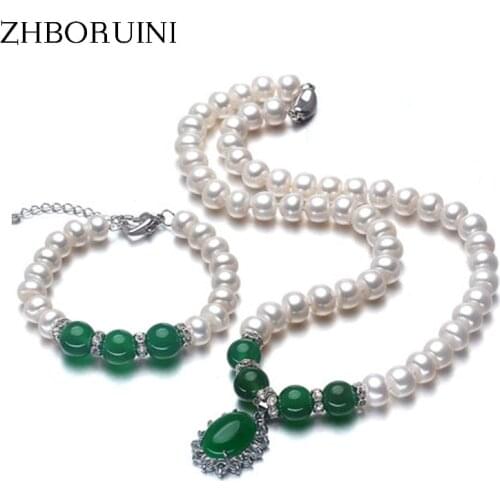 ZHBORUINI 2019 Fashion Necklace Pearl Jewelry Set Freshwater Pearl 925 Sterling Silver Jewelry Green For Mother Women Gift