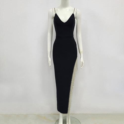 Womens Clothes Summer 2021 New Style Sleeveless Suspenders V-Neck Side Open Tassel Rhinestone Bodycon Bandage Dresses length