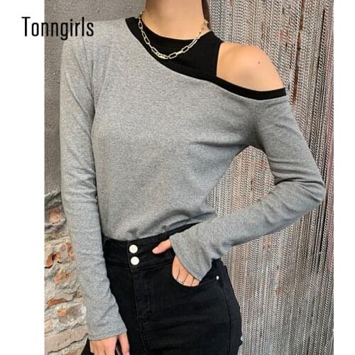 Tonngirls Korean Long Sleeve Shirt Women O-neck Patchwork Off Shoulder Top Casual Slim Tshirts Spring Autumn Spring Ladies Tops
