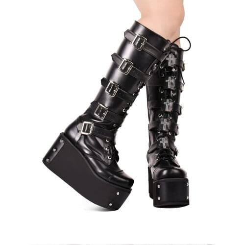 Platform Black Gothic Punk Loli Super High Heel Rivet Punk Women Lolita Boots Round Toe Lace Up Punk Platform Boots Big Size 44
