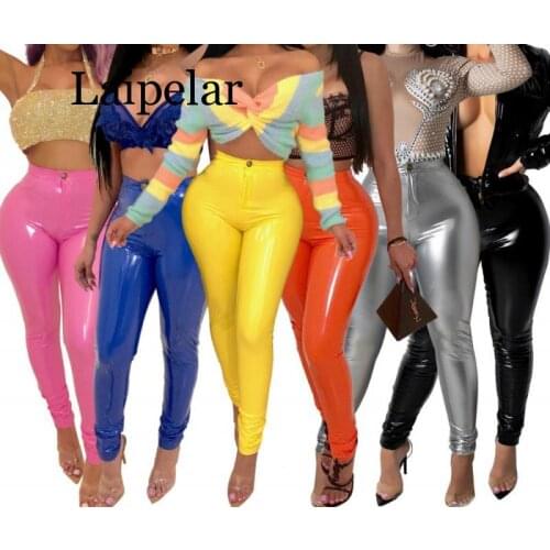 Laipelar Women PU Leather Pants Button Zippers Faux PU Leather Capris High Elasticity Trousers Faux Leather Long Pants Plus Size