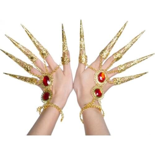 Womens Girls Belly Dance Gypsy Egyptian Gold Bracelet with Finger Nails Ring Free Shipping
