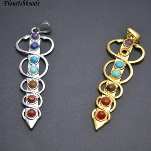 10pc Popular Mix Small Stone Cabochons Chakra Paved Metal Sword Charm Pendants Fashion Energy Jewelry