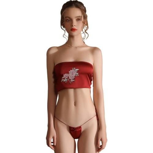 2 Piece in 1 Set Women Sexy Lingerie Erotic Retro Embroider Cheongsam Tube Top + Thong Ladies Sex Bandage Temptation Nightwear