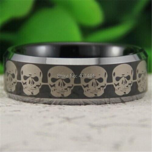 Free Shipping YGK JEWELRY Hot Sales 8MM Comfort Fit Black Silver Bevel Skull Mens Fashion Tungsten Wedding Ring