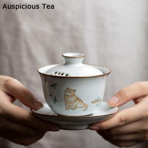 160ml Chinese Ru Kiln Ceramic Gaiwan Cute Cat Pattern Filter Teacup Travel Portable Handmade Tea Bowl Home Tea Set Drinkware