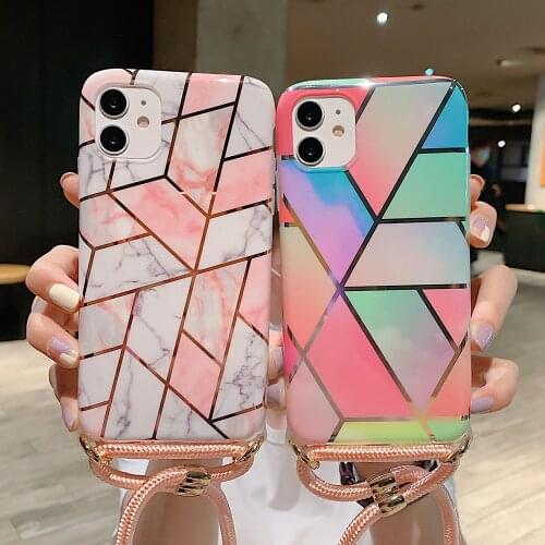 Lanyard Strap Geometric Marble Phone Case for iPhone 12 mini 11 Pro XS Max X XR 7 8 Plus Soft Cord Necklace Crossbody Rope Case