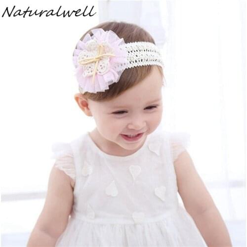 Naturalwell Kid Girl Bandage Pink Color Princess Party hair accessories Children Flower Headbands Newborn Photo grop HB081