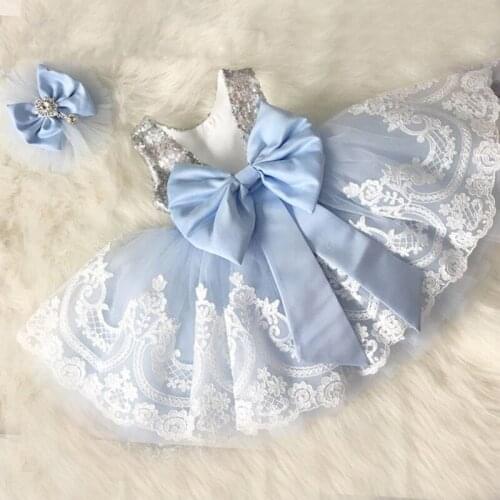 Sky blue tulle White lace Girl Dress Children Princess Pageant Dress Birthday Party Gown with Bow