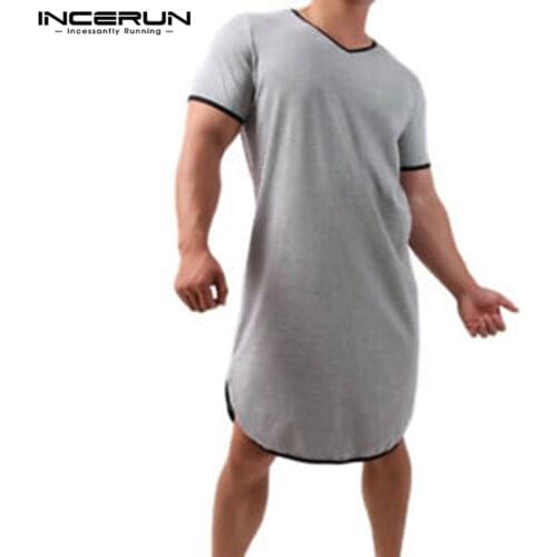 Man Loose Comfortable Bathrobes Casual Solid Nightgown INCERUN Men Patchwork Sleep Robes Short Sleeve V Neck Homewear Hombre 5XL