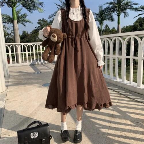 Japanese Preppy Style Sweety Soft Girly Long Dress Kawaii O-Neck Cute Sleeveless Vintage Drawstring Ruffles Camisole Dresses