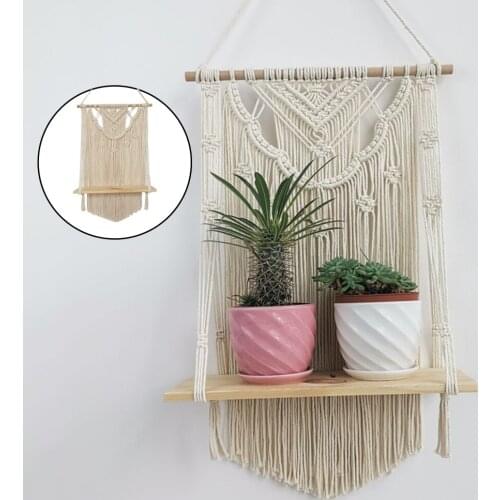 Creative Bohemian Macrame Tapestry Rack Handwoven Wall ing FlowerPot Storage Wooden Shelf Wall Plant er Floating Shelves