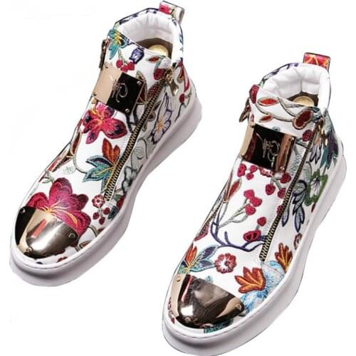 2019 British Men Trendy flowers zipper Casual Flats high tops Shoes Male Wedding Moccasins Loafers Sapato Social Masculino R6-22