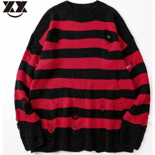 Damage Hole Casual Sweater Men Green Striped Tate Langdon Sweater Vintage Harajuku Autumn Couples Pullover Unisex New Pull Homme