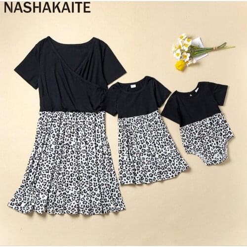 NASHAKAITE Mom And Daughter Dress Summer Patchwork Leopard Dress For Mother And Daughter Clothes Family Look Mommy And Me Dress
