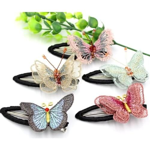 One Handmade Embroidery Butterfly Barrettes Metal Zakka Alligator Hair Clip for Wedding Bridal Hairpiece, Mothers Day Gift