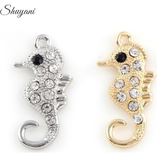 20PCS Silver Gold Hippocampus Crystal Charms Pendant For Necklace Women Jewelry 32*16mm